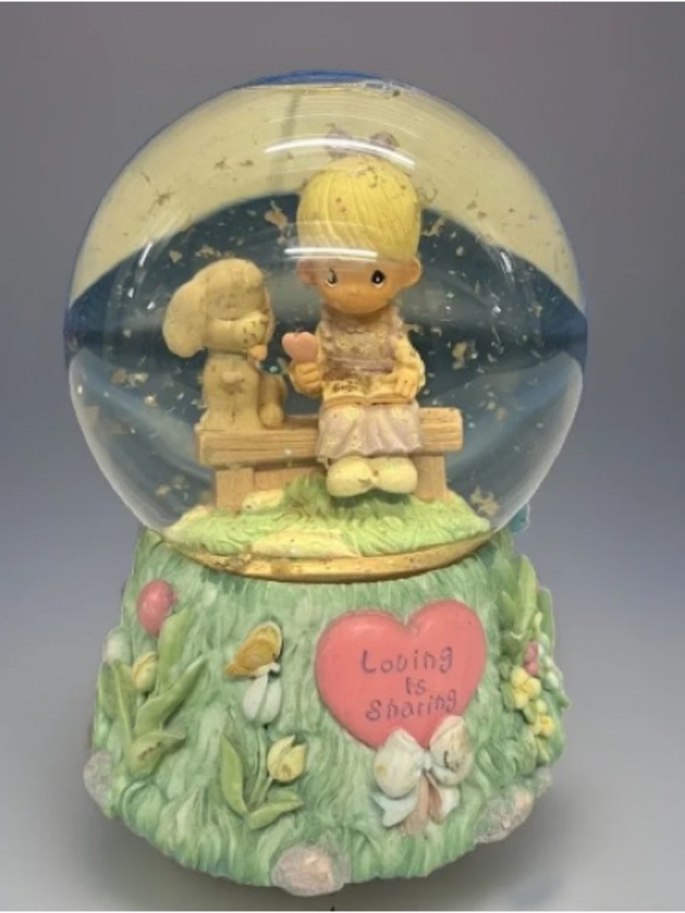 Pastel Snow Globe Figurine with Girl and Dog in Green and Pink